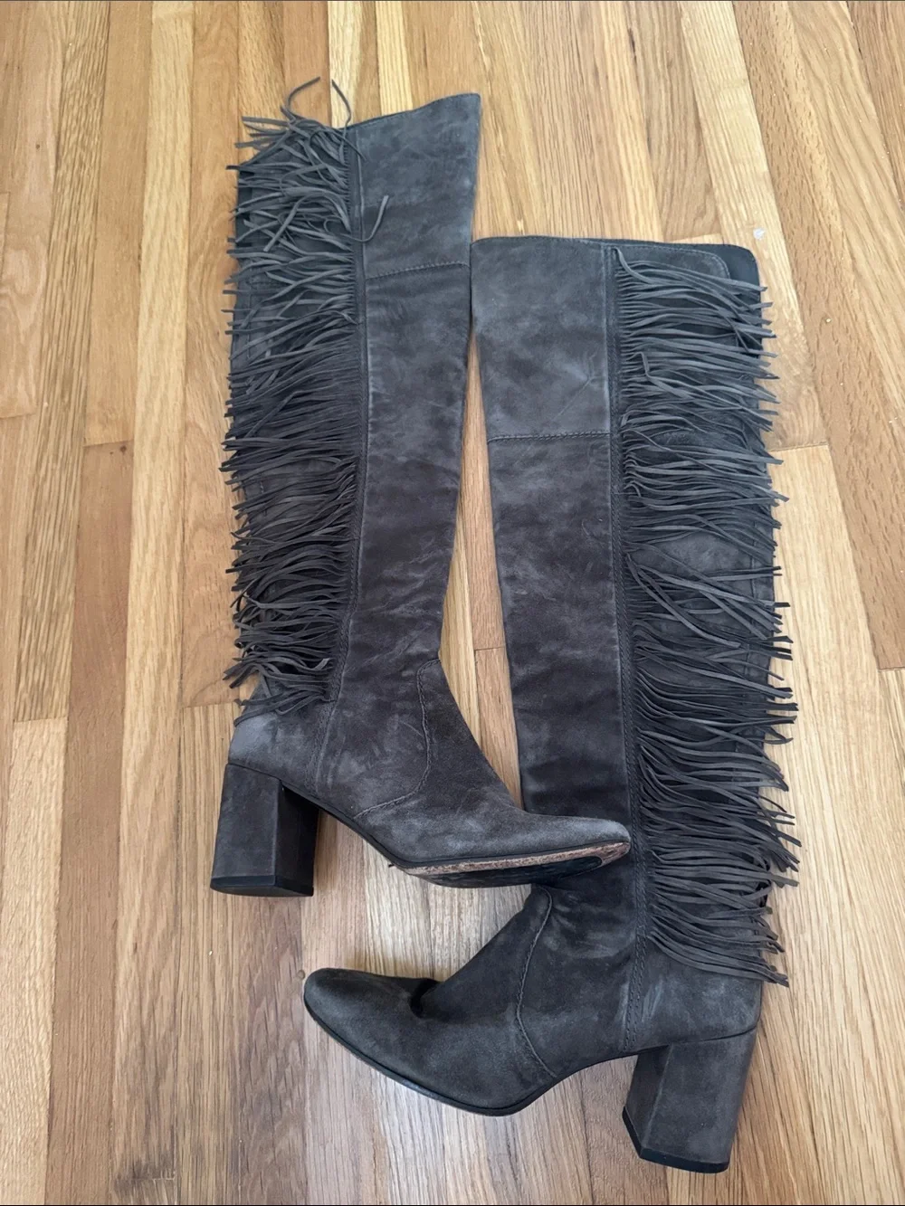 Frye Dark Gray Suede Over-the-Knee Fringe Boots